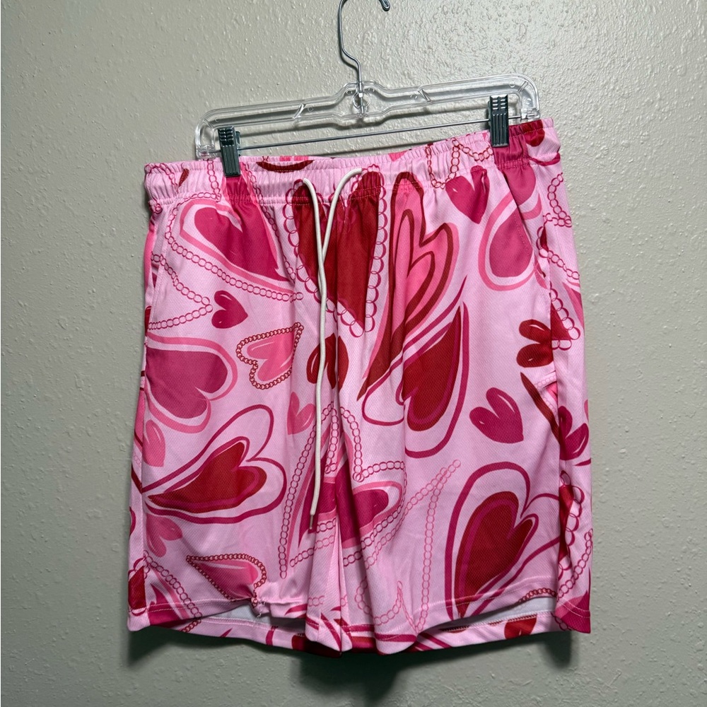 ROMWE Pink and Red Heart Shorts